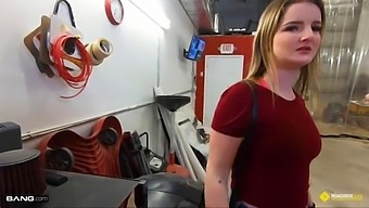 Busty Blonde Gives Mechanic A Handjob In Exchange For Repairs